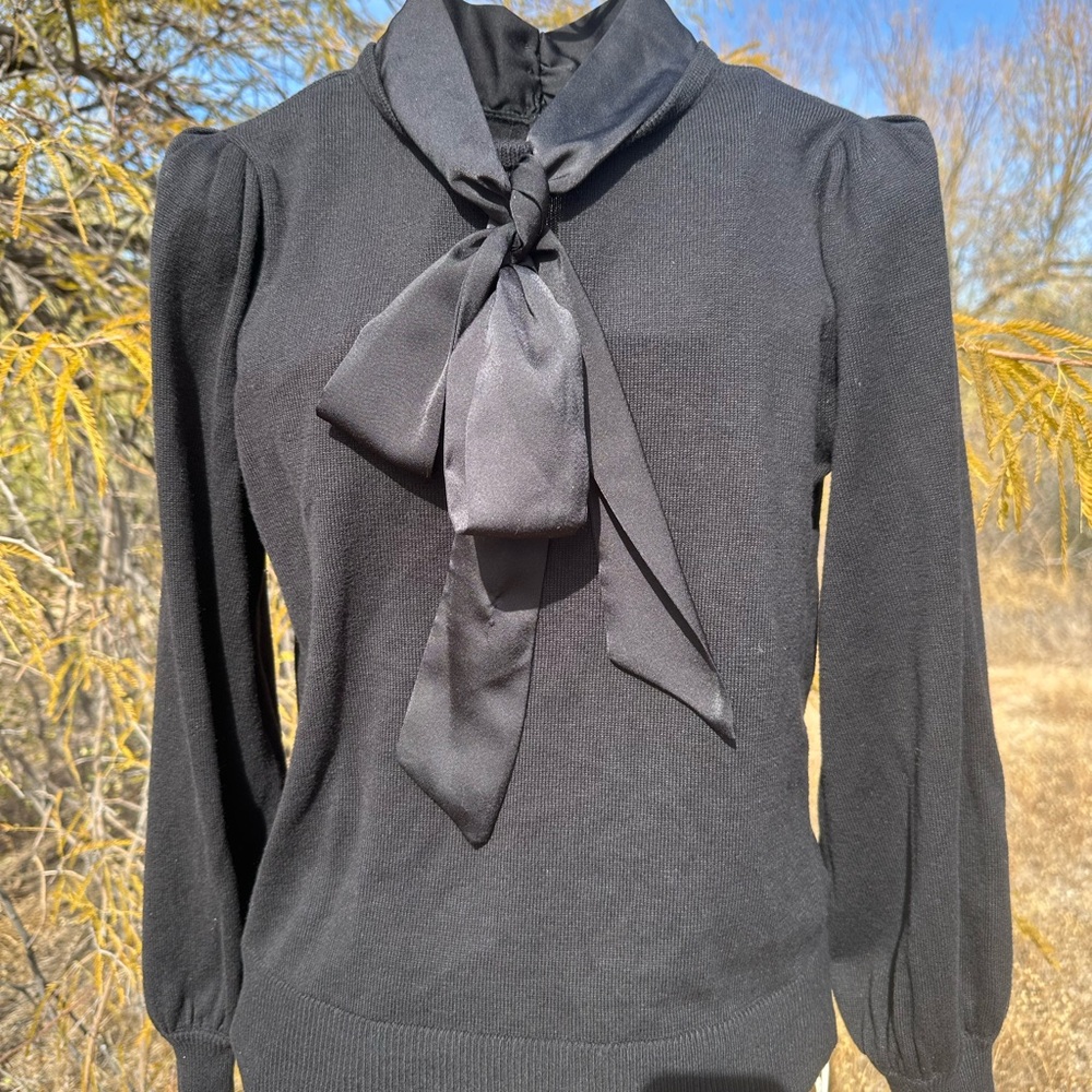 Elegant Black Bow Tie Long Sleeve Sweater